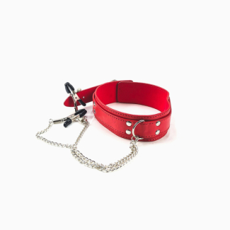 Collier laisse soumission Simili cuir rouge/ Noir pinces tétons